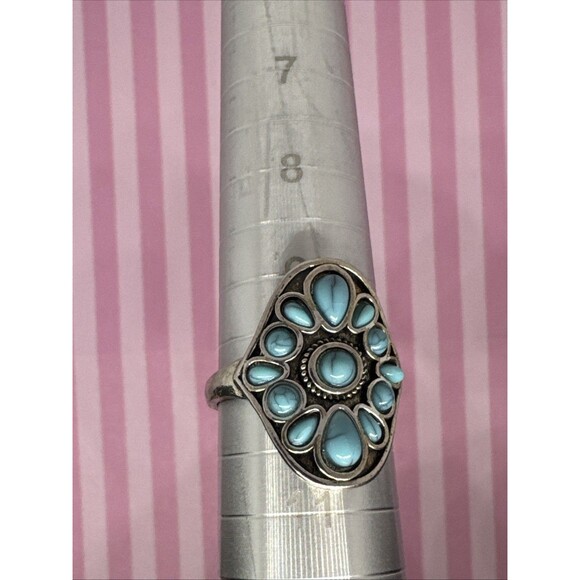 Size 10 Turquoise Statement Ring Western Boho Cluster Style, Silver Tone Band - Picture 6 of 6